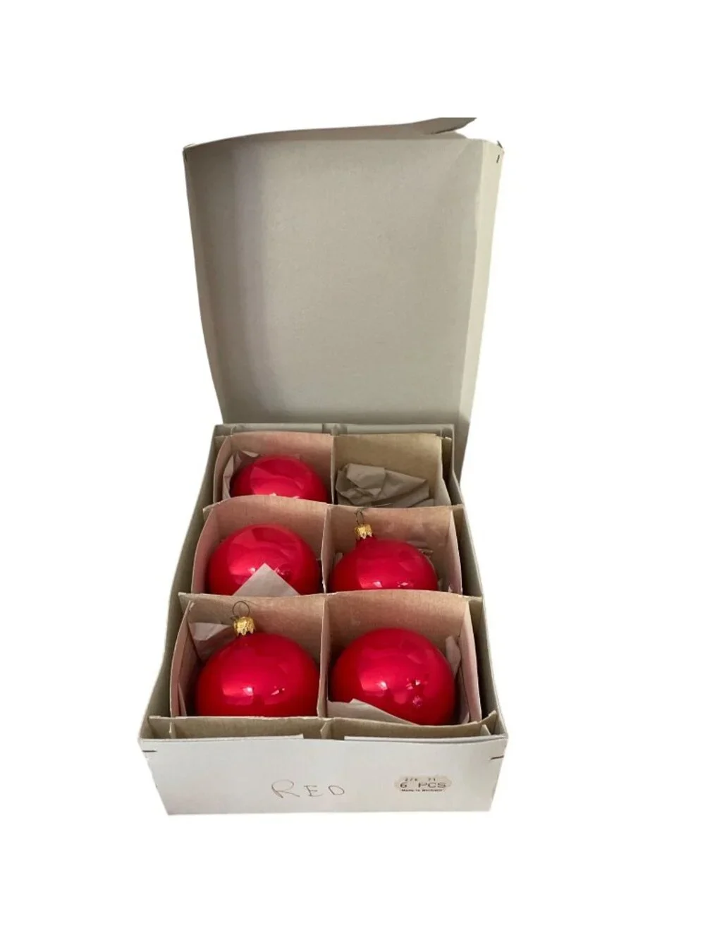 Vintage Red Glass Christmas Ornaments Made In Germany Set Of 5 w Box 4 Inch